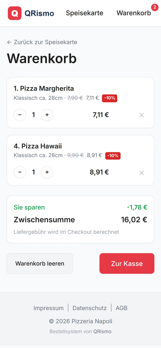 Warenkorb in der Restaurant-App