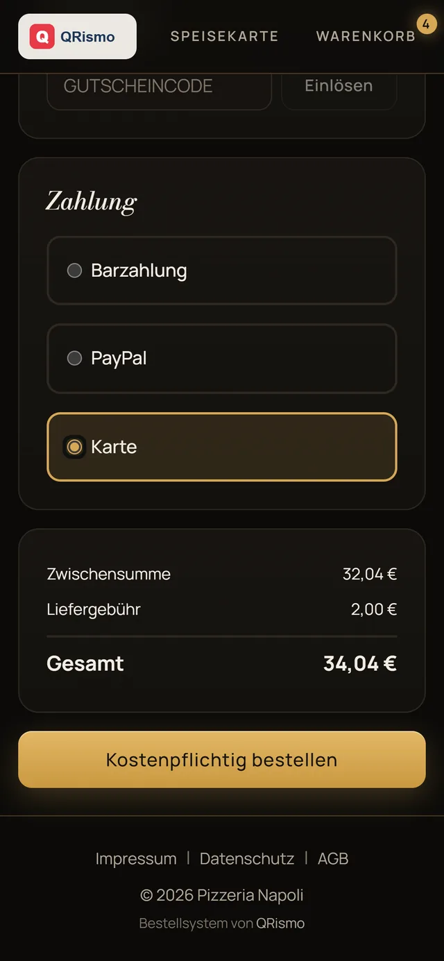 Kasse mit Auswahl Barzahlung, PayPal oder Karte
