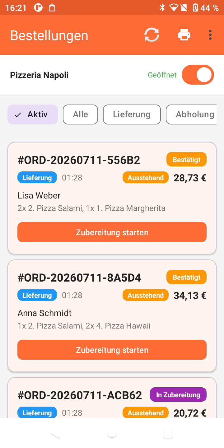 QRismo Admin-App auf dem POS-Terminal: Bestellliste mit Status und Aktionen
